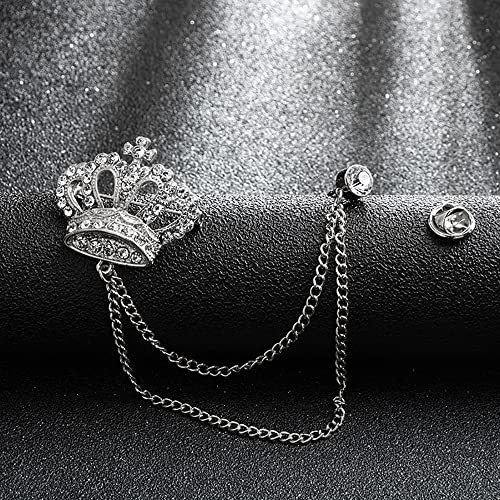 Rhinestone Crown Long Chain Brooch.Gold Silver Tassel Brooch Pin,Retro Crystal Suit Pins Collar Coat Pin for Men's Accessories Pin Husband Gifts - color: Silver 2
