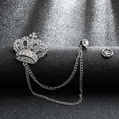 Rhinestone Crown Long Chain Brooch.Gold Silver Tassel Brooch Pin,Retro Crystal Suit Pins Collar Coat Pin for Men's Accessories Pin Husband Gifts - color: Silver 2