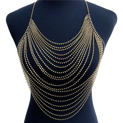 Multi-Layer Body Chain Necklace Rhinestone Chain Halter Top Body Jewelry Sexy Tassel Chest Chain Rave Nightclub Accessory - color: Gold