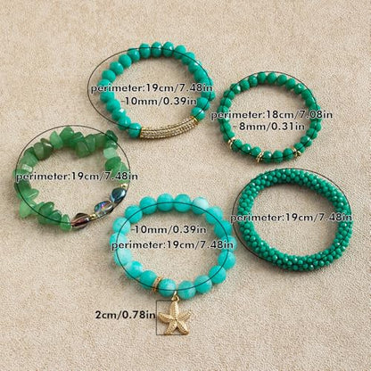Yomisa Boho Beaded Bracelets/Bangle for Women,Multilayer 5/6/7PCS Healing Natural Handmade Stone Bead Bracelets Stackable Stretch Friendship Beaded Bracelet Set Trendy Western Bohemian Jewelry Gift - color: 5pcs-Green