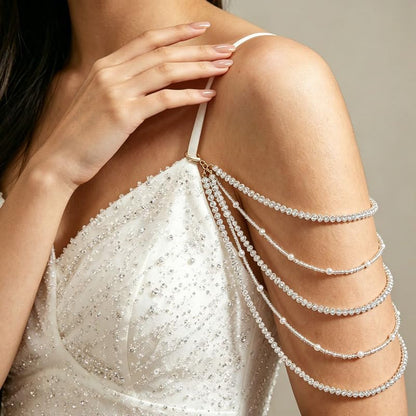 Pearl Arm Chain Wedding bridal Shoulder Jewelry Layered Prom Party Body Jewelry for Slide Dress Costume Accessory - color: Pearl Chain-2Pcs