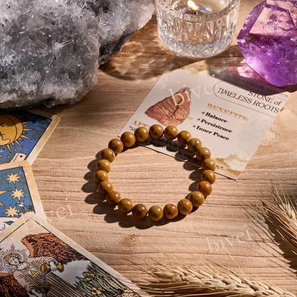 Bivei 8mm Beaded Bracelets for Women Handmade Semi Precious Natural Stone Stretch Elastic Jewelry Yoga Protection Gifts - color: Wood Grain Jasper-Steady Growth, size: Medium 6.8-7.3 inch