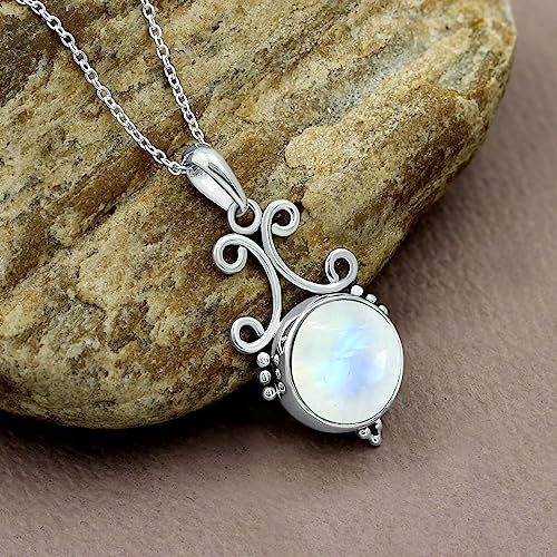 Natural Round Gemstone Pendant Necklace for Women, 925 Sterling Silver | Solitaire Birthstone Jewelry With 18 Inch Chain, Handmade Semi Precious Stone Pendant, Jewelry Gift for Mom, Wife & Sister - color: Moonstone