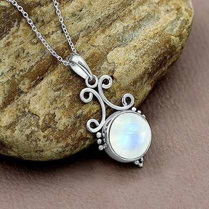 Natural Round Gemstone Pendant Necklace for Women, 925 Sterling Silver | Solitaire Birthstone Jewelry With 18 Inch Chain, Handmade Semi Precious Stone Pendant, Jewelry Gift for Mom, Wife & Sister - color: Moonstone