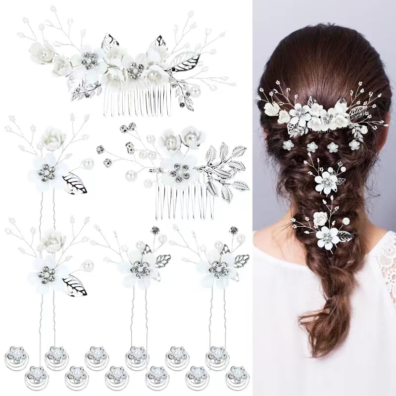 Cinaci 18 Pieces Bridal Wedding Party Prom Pearl Rhinestone White Flower Hair Side Combs Slides+U-shaped Flower Hair Pins+Twist Spiral Hairpins Floral Headpieces for Brides Bridesmaids Women Girls - color: White