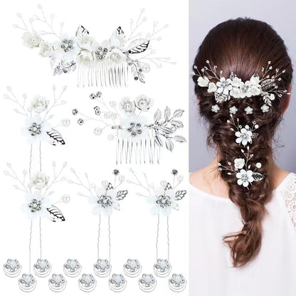 Cinaci 18 Pieces Bridal Wedding Party Prom Pearl Rhinestone White Flower Hair Side Combs Slides+U-shaped Flower Hair Pins+Twist Spiral Hairpins Floral Headpieces for Brides Bridesmaids Women Girls - color: White