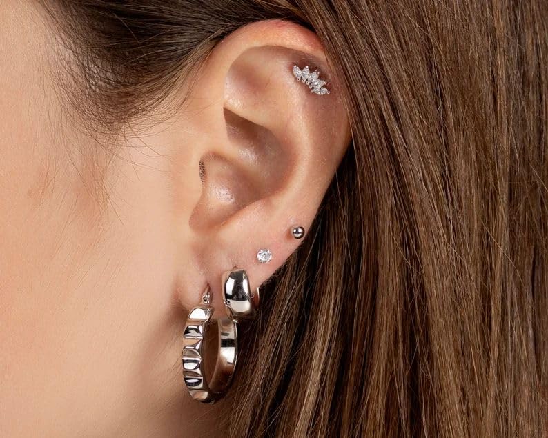 3 Pairs Huggie Hoop Earring Set 18K Gold Plated Cubic Zirconia Cartilage Earrings, Multi Piercings Ear Jacket Earring Climber Stud Earring for Women Everyday Earrings - color: 3 Silver Hoop