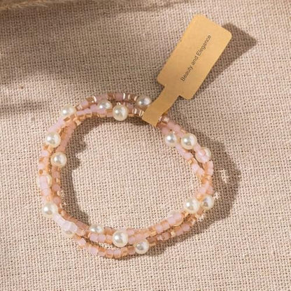 Boho Crystal Glass Beaded Stretch Bracelet Set, Stackable Multilayer with Faux Pearl, Handmade Friendship Jewelry for Women - color: Pink