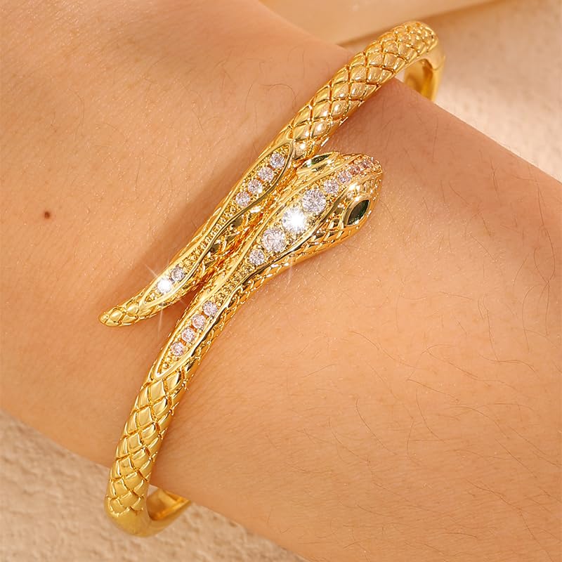 Gold Snake Bangle Bracelet for Women, Cubic Zirconia Copper Cuff Jewelry | Gold-plated copper snake cuff with cubic zirconia, green stone accent and comfortable open cuff design.