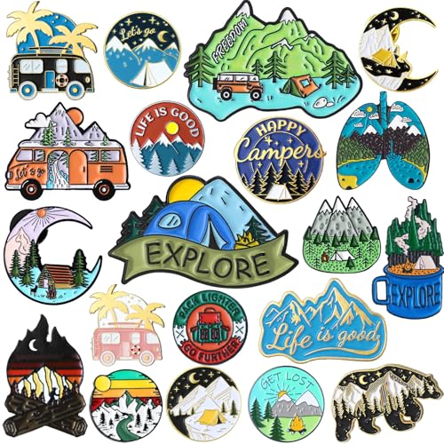 Janinka 20 Pack Camping Enamel Pins Set - Outdoor Adventure Hiking Mountain Nature Lapel Pin Bulk, Cute Aesthetic Backpack Brooch Badges for Jackets Hats Bags, Fun Travel Gift for Women Men Campers