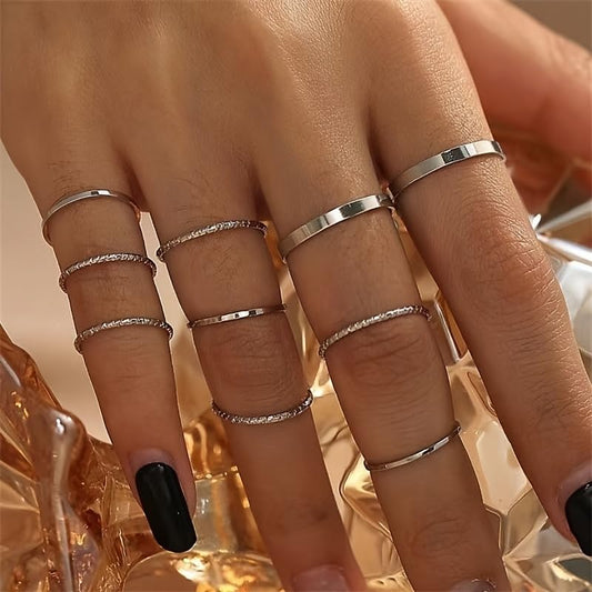 10-Piece Minimalist Ring Set for Women – Simple Stackable Rings for Any Occasion, Mixed Designs, Fashion Jewelry Gift for Her - color: Silver