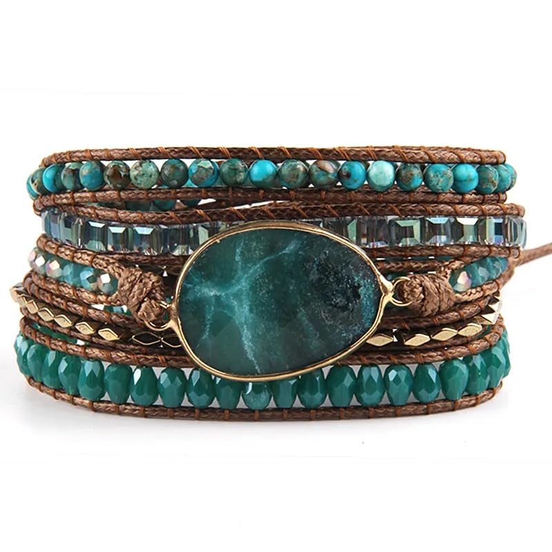 Women Wrap Bracelet Boho Natural Jasper Crystal Stone Beads Strand Bracelets - color: Style 14-Green #2