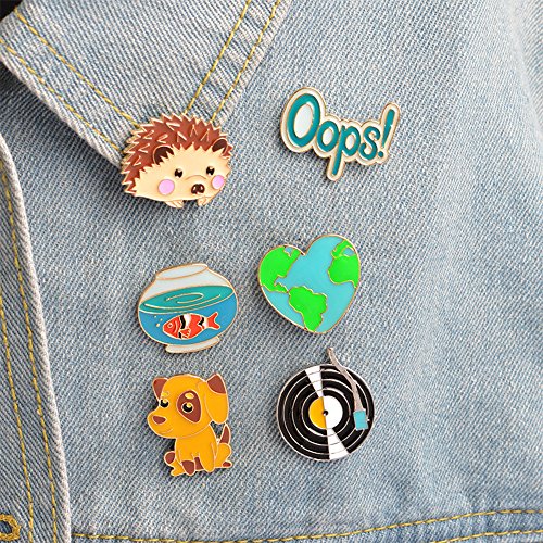 6 Pcs Cute Enamel Lapel Pins Sets Cartoon Animal Plant Fruits Foods Brooches Creative Pin Badges for Clothing Bags Backpacks Jackets Hat Accessory - color: Puppy Hedgehog Goldfish Bowl