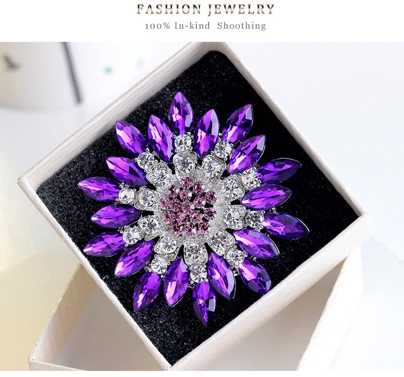 Rhinestone Sunflower Brooch for Women Sparkling Cubic Zirconia Flower Brooch Pin Elegant Large Crystal Floral Lapel Pin Dainty Clothing Hat Bag Accessories Christmas Wedding Bridal Birthday Jewelry - color: Purple