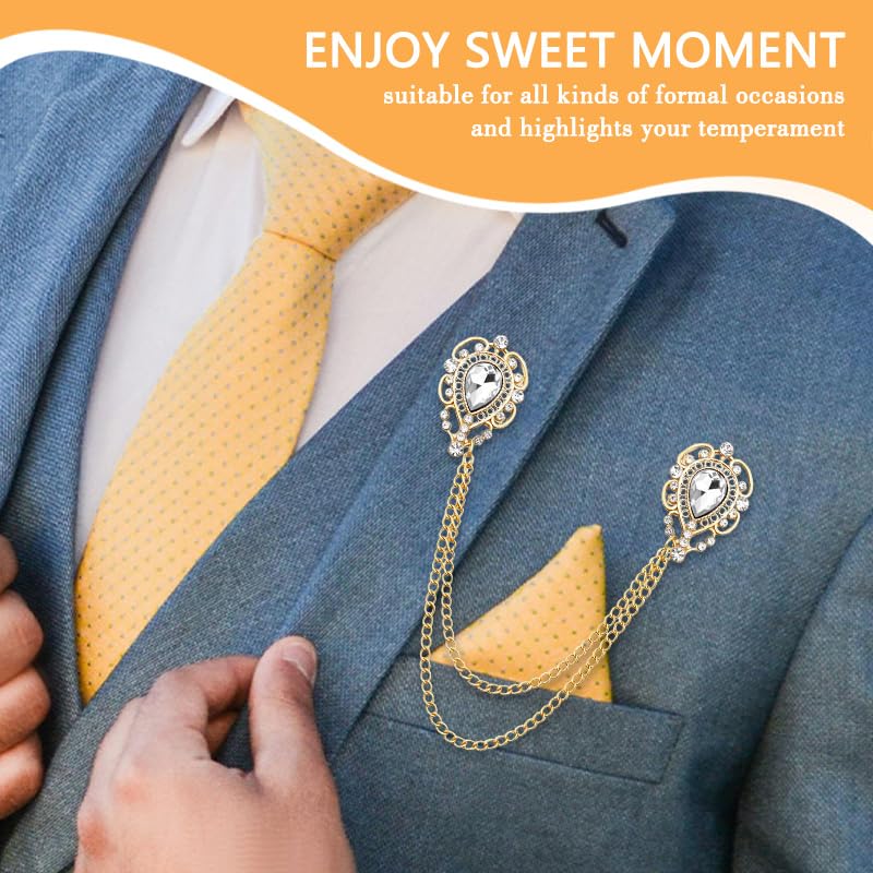 Teardrop Rhinestone Brooch Mens Lapel Pins for Shirt Collar Hanging Chain Brooch Suit Pin Crystal Rhinestone Lapel Pins for Men - color: White