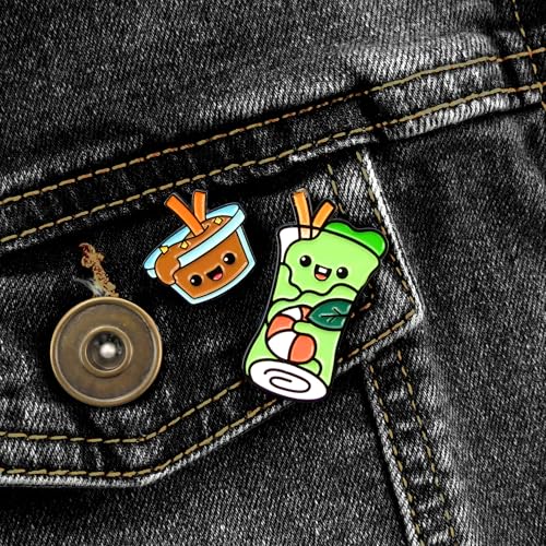 Enamel Pin Set (2 Pins Per Set) for Backpack, Bag, Lapel, Noodles, Food, Kawaii Button Collector - style: Spring Roll & Peanut Sauce