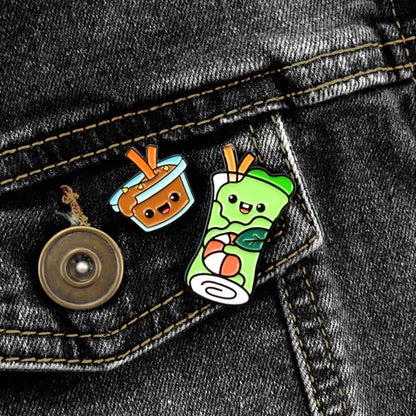 Enamel Pin Set (2 Pins Per Set) for Backpack, Bag, Lapel, Noodles, Food, Kawaii Button Collector - style: Spring Roll & Peanut Sauce