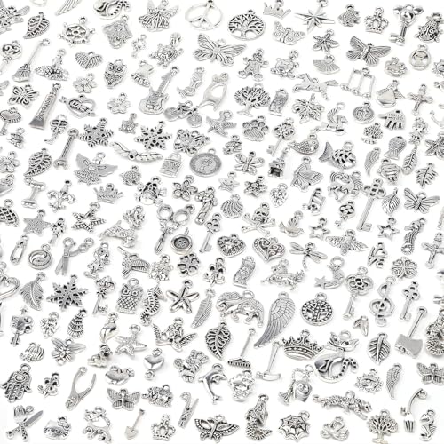 SANNIX 200Pcs Silver Charms for Jewelry Making, Assorted Tibetan Silver | Bangle Charm Pendants for Bracelet Necklace Earrings Making Crafts - color: Silver
