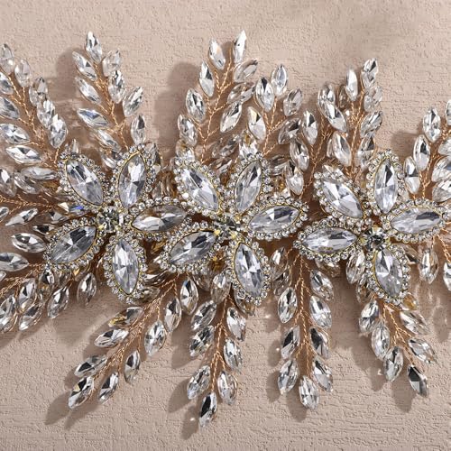 Teyglen Large Full Rhinestone Headband Flower Crystal Bride Wedding Headband Hair Vine Bridal Rhinestone Headpiece Wedding Hair Accessories for Women Party Prom (Golden) - color: Golden