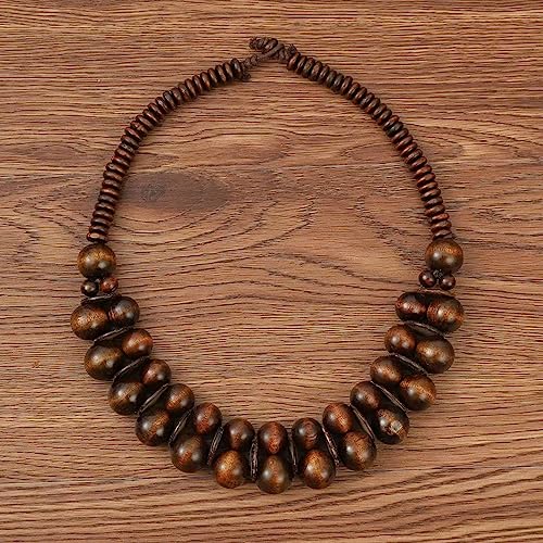 COLORFUL BLING Natural Chunky Wooden Beads Statement Necklace Boho African Tribal Collar Choker Bib Necklace Hippie Vacation Jewelry for Unisex Men Women - color: double dark
