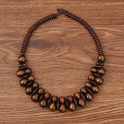 COLORFUL BLING Natural Chunky Wooden Beads Statement Necklace Boho African Tribal Collar Choker Bib Necklace Hippie Vacation Jewelry for Unisex Men Women - color: double dark