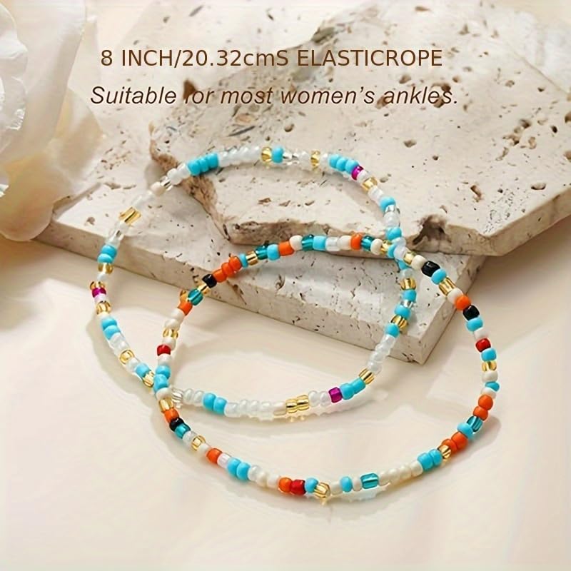 Boho Beads Anklets Set of 2pcs, Waterproof Beach Adjustable Stretch Imitation Turquoise White Pearls Bracelets for Women, Handmade Jewelry Gifts - style: Style 1