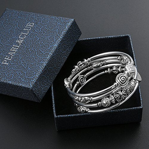 Beaded Pearl Bangle Wrap Bracelet - Fashion Bohemian Jewelry Multilayer Charm Bracelet with Thick Silver Metal Beads, Gift For Women - color: Metal