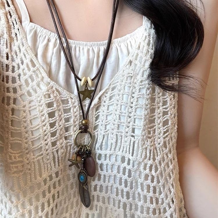 Boho Necklace for Women Long Layered Wooden Leather Leaf Pendant Statement Necklace Vintage Boho Jewelry - style: Feather