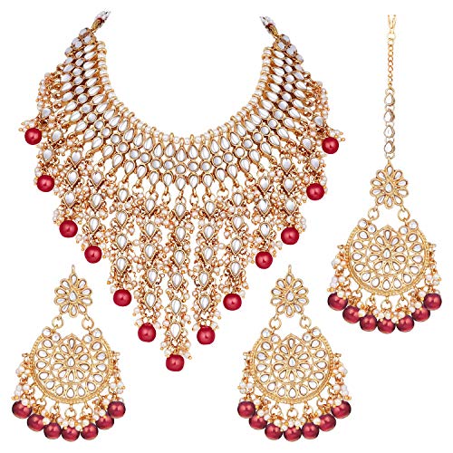 Aheli Elegant Indian Wedding Wear Faux Kundan Studded Choker Necklace with Maang Tikka Set Ethnic Fashion Jewelry for Women Maroon Kundan & Pearl Drop - color: Red 2