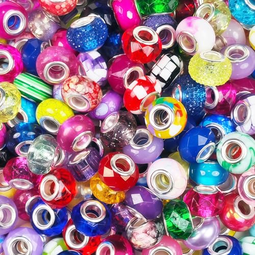 100Pcs Large Hole Beads Spacer Bead Mixed Color Assorted European Craft Big Beads Large Hole Lampwork Murano Fairy Wand Garden Bead for DIY Pens Bracelet Keychain Jewelry Making Decoration Supplies - color: Mixed Rainbow, size: 100 Pcs