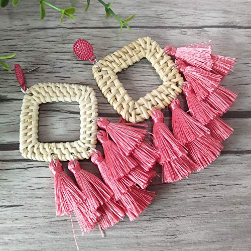 Bohemia Tassel Earrings Statement Handmade Dangle Ethnic Fringe Earrings Bamboo Weaving Geometric Square Sector Gifts for Women - color: B pink