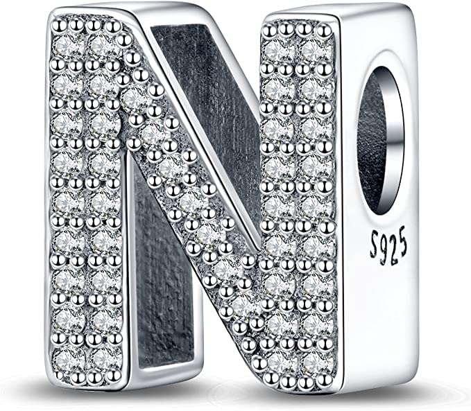 A-Z Alphabet Letter Name Initial Tag Personalized Monogram Surname Birthday Bead Pendant 925 Sterling Silver Dangle Compatible With Pandora Moments Charm Bracelet - style: N Letter Initial Name Alphabet