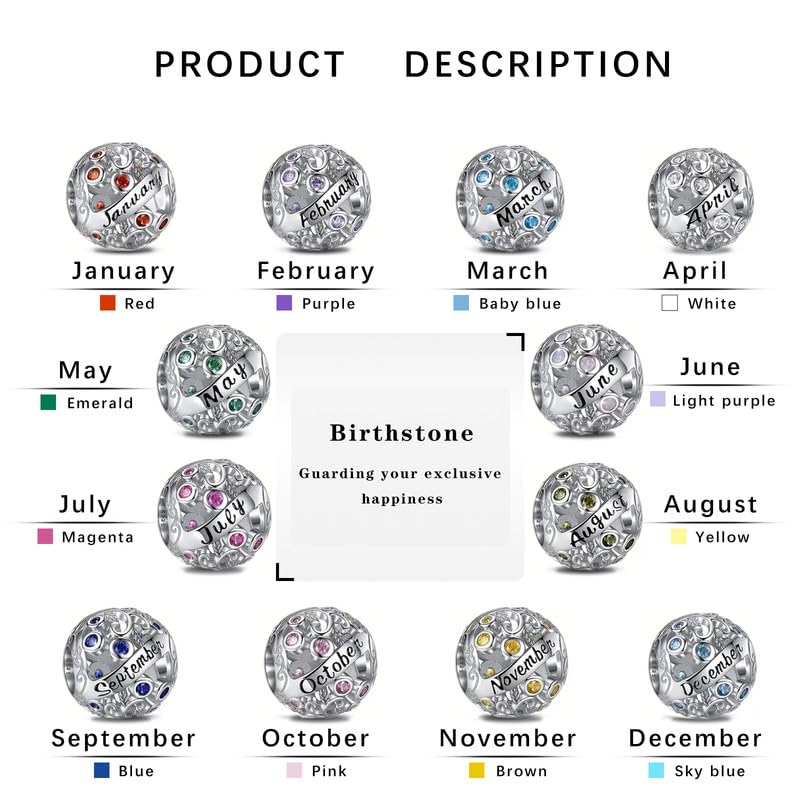 S925 Sterling Silver Twelve Months Birthstone Charms for Pandora Bracelets | Su-Carata 12 Months Birthstone Bead Charms with Colorful Cubic Zircona fit Necklaces Gifts For Birthday Mother's Day Women