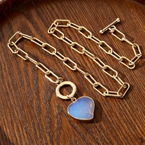 14K Gold Plated Two Sides Carved Stone Heart Shape Necklace for Women Love Pendant Necklace Jewelry for Daily and Gifts - color: Opal