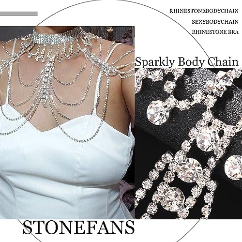 STONEFANS Bridal Rhinestone Shoulder Necklace Body Collar Jewelry Luxury Tassel Crystal Shoulder Harness Chain Wedding for Women - style: Silver Shoulder Necklace