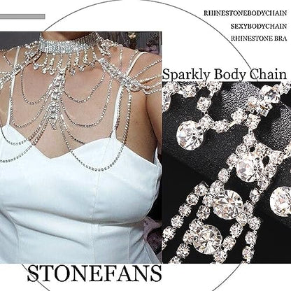 STONEFANS Bridal Rhinestone Shoulder Necklace Body Collar Jewelry Luxury Tassel Crystal Shoulder Harness Chain Wedding for Women - style: Silver Shoulder Necklace