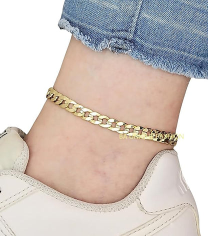 Gold Electroplated Anklet, Made in Korea - style: Concave Cuban Chain