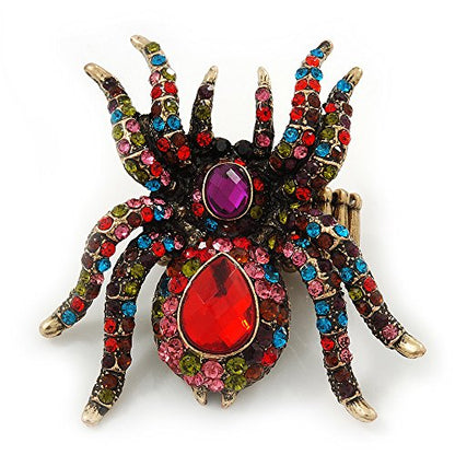 Avalaya Oversized Multicoloured Diamante Spider Stretch Cocktail Ring In Antique Gold Plating