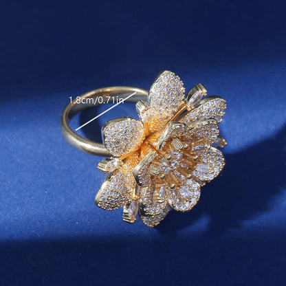 Kokoma Double Layered Rhinestone Flower Ring for Women Cubic Zirconia Geometry Sunflower Wrap Finger Band Adjustable Open Bands Rings Engagement Jewelry - color: Gold
