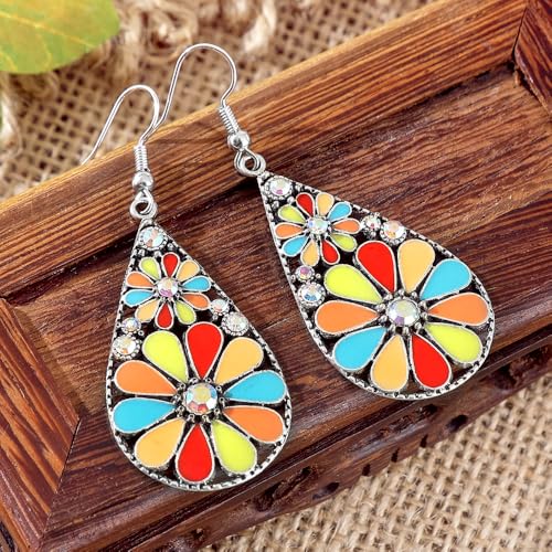 Colorful Green Teardrop Earrings for Women - Bohemian Style Enamel Dangle Earrings Lightweight Fashion Jewelry for Daily/Wedding/Party - color: yellow red blue