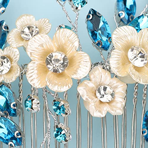 Bridal White Flower Light Blue Crystal Rhinestone Hair Comb for Bride Bridesmaid Sliding side Headpieces Wedding Hair Accessories for Women and Girls (Blue 1) - color: Blue 1