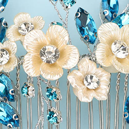 Bridal White Flower Light Blue Crystal Rhinestone Hair Comb for Bride Bridesmaid Sliding side Headpieces Wedding Hair Accessories for Women and Girls (Blue 1) - color: Blue 1