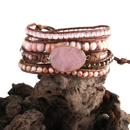 Women Wrap Bracelets Boho Natural Stone Jasper Turquoises Strand Bracelet Jewelry Collection - color: Pink 2