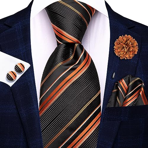 Hi-Tie Men's Silk Ties Formal Woven Classic Necktie Pocket Square Cufflinks Lapel Pin Set Wedding Business - color: Black and Deep Orange