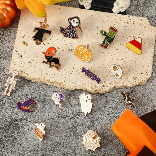 SANNIX 15Pcs Halloween Pins, Skull Pumpkin Bat Ghost Spooky Brooch Pins | 15 Patterns, Halloween Enamel Lapel Pin, Holiday Backpack Badge, for Clothes Bags Hats Accessories Party Favor - style: Halloween Pin