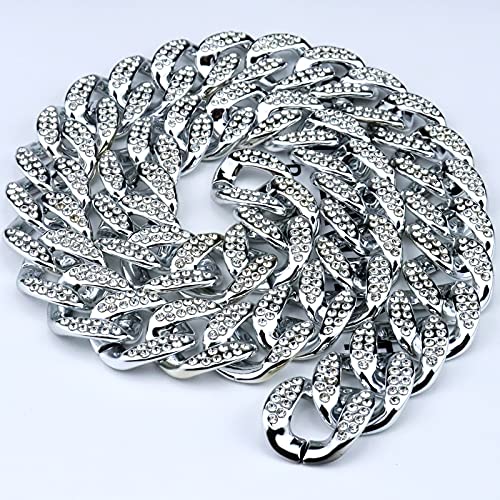 Plastic Shiny CZ Rhinestone Curb Cuban Link Chain Gold Silver Miami Hip Hop Chain Bling Diamond-Cut Chunky Turnover Necklace 80s 90s Costume Accessory for Men Women Unisex - color: Silver