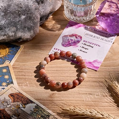 Bivei 8mm Beaded Bracelets for Women Handmade Semi Precious Natural Stone Stretch Elastic Jewelry Yoga Protection Gifts - color: Plum Blossom Jade-Hope & renascence, size: Medium 6.8-7.3 inch