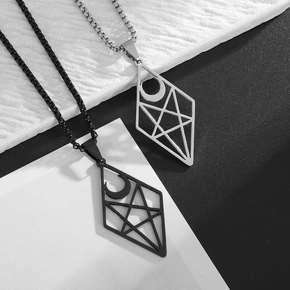Stainless Steel Inverted Five-Pointed Star and Moon Pendant Necklace Men Women Gothic Pagan Satanic Magic Jewelry - color: black
