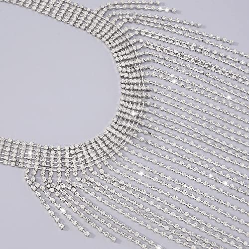 Aomcisi Fashion Women Sexy Rhinestone Bib Choker Necklace Tassel Long Chain Necklace - color: Silver