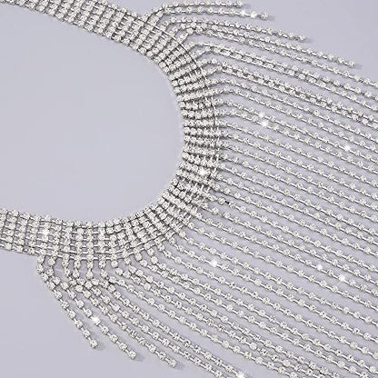 Aomcisi Fashion Women Sexy Rhinestone Bib Choker Necklace Tassel Long Chain Necklace - color: Silver
